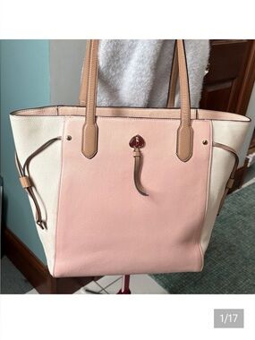 Kate Spade tote bag  peachy beige  cream taupe  color block  cinching sides  EUC